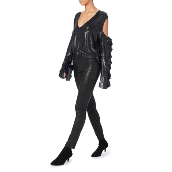 EUC IRO black & silver double faced sequin cold shoulder ruffle sleeve top - Picture 6 of 16